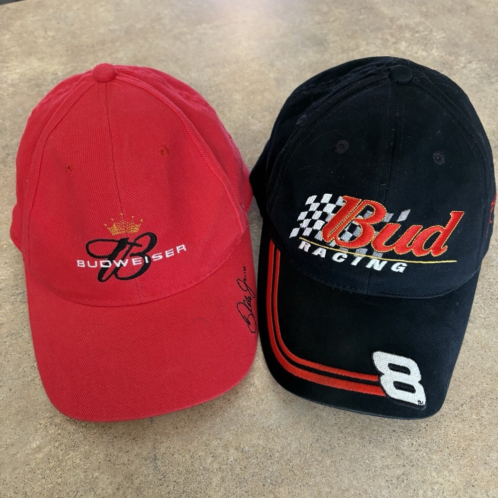 VINTAGE SET OF 2 BUDWEISER DALE EARNHARDT JR 8 NASCAR HAT ADJUSTABLE STRAPS